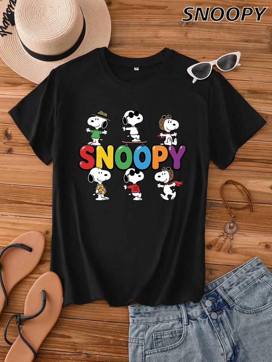 تي شيرت كاجوال لطيف برقبة دائرية SNOOPY متعدد الاستخدامات مطبوع - الأسود - مشاهدة 1