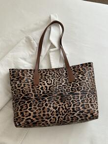 1pc Brown PU Smooth Zipper Leopard Print Fashion Versatile Casual Minimalist Autumn/Winter New Niche Shoulder Tote Bag For Women Daily Use - Brown - View 6