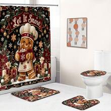 1pc/4pcs Chef Gingerbread Man Pattern Multi-Function Bathroom Decor Shower Curtain Set, Free 12 Hooks, Premium Holiday Atmosphere, Bathroom Mat, U-Shaped Floor Mat And Round Toilet Lid Cover, Suitable For All Occasions Decoration, Bathroom Set - Chef Gingerbread Man - View 7