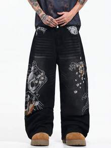 Justice Brother 1pc American Street Style Brand Personalized Patchwork Snake Print Design Embroidered Men's Black Denim Jeans All-Season Versatile Loose Comfortable Wide Leg Pants (Belt/Accessories Not Included) - Black - View 5