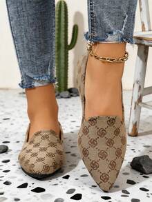 Khaki Letter Print Women's Flat Shoes, Minimalist Pointed Toe Slip-On, Versatile Casual Commuter Shoes - Khaki - View 6