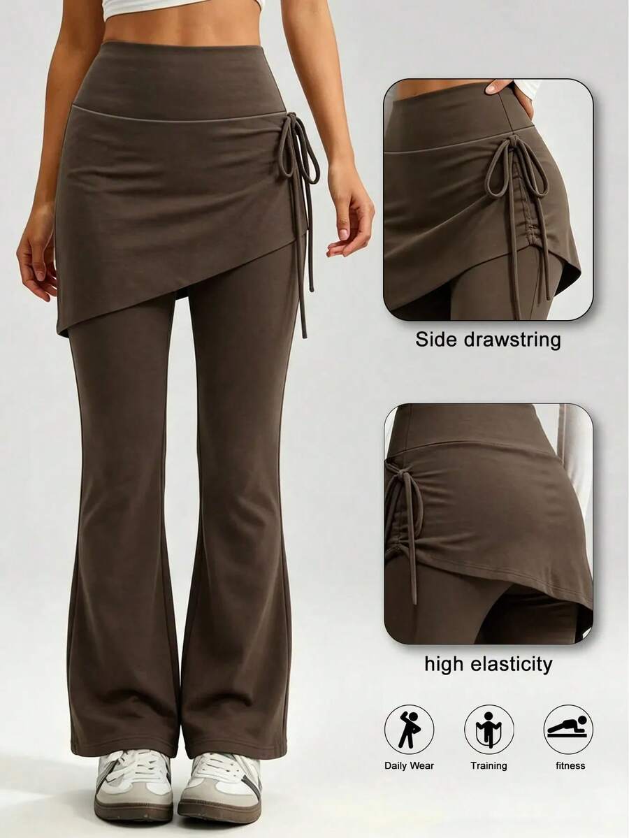 Women's High Waist Flare Leg Yoga Pants, Side Drawstring Tummy Control & Butt Lift, Fitness Training Workout Pants, Basic Casual Style - Camel - View 1