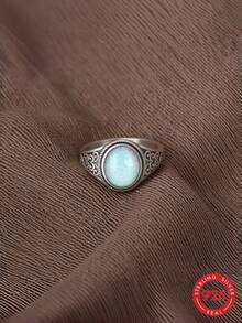 S925 Sterling Silver Vintage Scroll Pattern Opal Ring, Distressed Carved Iridescent Australian Opal Niche Women's Finger Ring Accessory - Silver - View 5