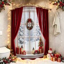 1pc Christmas Snowy Window View Shower Curtain, Vintage Design, Waterproof Bath Curtain, Suitable For Bathtub Partition, Bathroom Decor And Bathroom Accessories, Home Decor Gift, Includes 12 Hooks - Multicolor - View 1