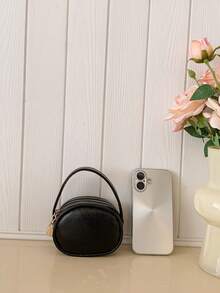 Vintage Shiny Oval Handbag For Girls, Litchi Grain Mini Zipper Decor Small Bag, Suitable For Daily Use And Street Style Matching - A - View 3