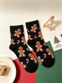 1/2 Pairs New Autumn/Winter Christmas Cute Gingerbread Man Candy Cane All-Over Print Mid-Calf Socks, Holiday Atmosphere Socks, Eye-Catching Socks For Daily Wear - Multicolor - View 3