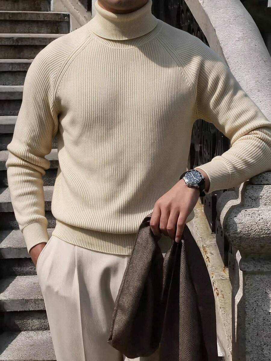 Men's High Neck Chunky Knit Sweater, Textured Loose Fit Pullover Base Layer Top For Autumn/Winter - Apricot - View 1