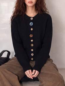 Women's Vintage Knit Cardigan, Long Sleeve Round Neck, Regular Length Asymmetrical Unique Button Front Sweater, Winter Fashion - Black - View 1