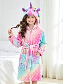 青少年女孩彩色星空波點獨角獸連帽睡袍家居服 - 彩色 - 查看 4
