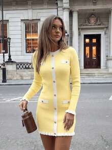 Women's New Autumn Elegant Contrast Color Metal Button Dress, Paired With Elegant Ruffle Blazer, Yellow Dress, Featuring Front Button Design Fall - Yellow - View 1