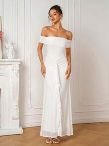 PARTHEA Women's Elegant Off-Shoulder Ruched Waist Long Dress, White Ruffle Trim Fitted Maxi Dress, Suitable For Cocktail Party, Evening Event, Wedding - White - View 3