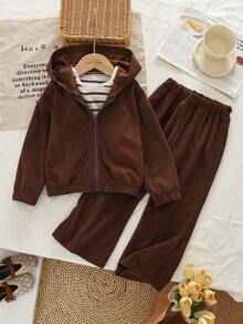 bearleader Fashionable Girls' Sports Set, Autumn Letter Patchwork Tank Top + Zipper Hooded Sweatshirt + Solid Color Knit Fabric Pants, 3-Piece Set, Spring Outfit - Brown - View 1