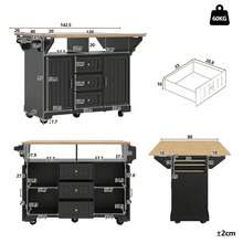 Kitchen Island, Cabinet, Sideboard 120 X 40 (80) X 95, Extendable Kitchen Trolley With Casters, Extendable On Both Sides, With Towel Rail And Spice Rack, Two, Three Drawers, Black/White - Black + MDF - View 5