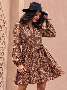 Women's Lace V-Neck Casual Long Sleeve Coffee Color Bohemian Style Dress - Brown - View 4
