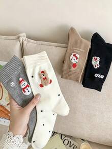 1/4/8 Pairs Christmas Snowman Themed Socks, Fashionable & Versatile, Suitable For All Seasons, Thick Warm & Comfortable Calf Socks - Multicolor - View 8