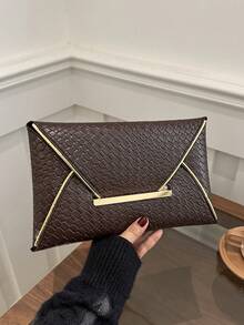 Dompet Koin Bertekstur Anyaman Warna Polos, Tas Clutch Kasual Minimalis Ringan dari PU Warna Polos, Tas Amplop - Kopi - View 9