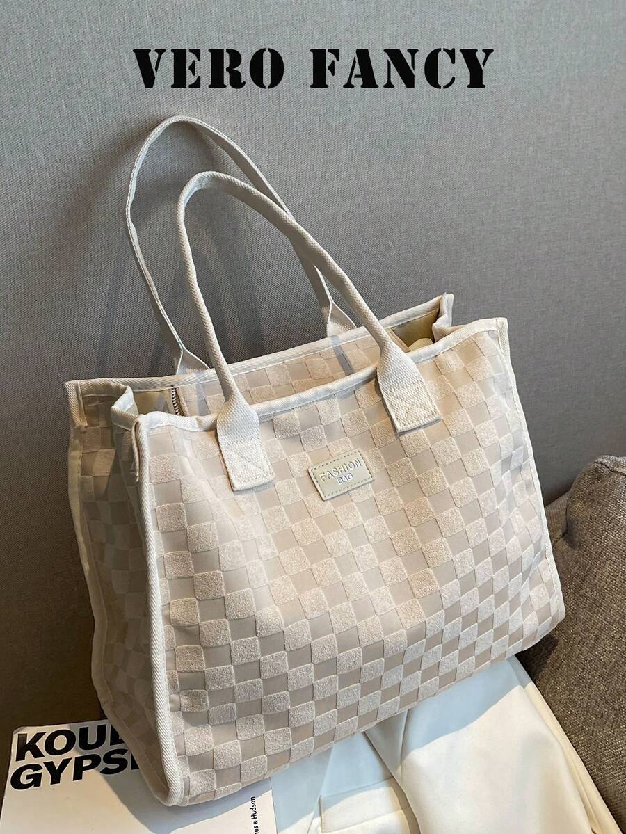 Large Capacity Tote Bag, Checkerboard Embossed Pattern, Minimalist Leather Label Decor, Multi-Compartment Storage Design, Gentle Commuter Style, Handheld Shoulder Bag, Suitable For Work Commute, Student School, Travel Shopping, Daily Versatile Women's Bag