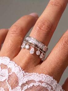 rakol 2pcs Fashion Galaxy Water Drop Square Cubic Zirconia Tassel Beaded Ring Set - Set 4 - View 8