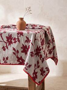 1pc Grey Background Deep Red Leaf Floral Pattern Tablecloth, Natural Vintage Style Fabric Material, Rectangular Red Polka Dot Hem Detail, Stain-Resistant Protection And Decorative Function, Suitable For Daily Home Dining Table And Natural Style Restaurant Decor - Red - View 8