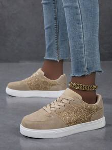 Sepatu Sneakers Kasual Wanita Nyaman Model Low-Top dengan Desain Patchwork Renda dan Tali Warna Polos - Unta - View 3