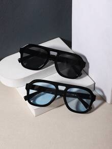 RENNES 2 PCS Men Double Bridge Aviator Fashion Glasses, Solid Black Square PC Frame, Solid Color Lens For Daily Wear Streetwear With Glasses Box - Multicolor - View 2