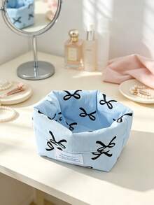 1pc Cute Bow Print Fabric Storage Basket Foldable Desktop Cosmetic Organizer Bin Portable Makeup Holder Box Small Sundries Accessories Storage Bucket - Multicolor - View 7