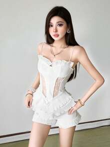 Top Dazzle Women's White Knitted Ruffle Shorts With Slight Stretch Comfortable Straight Leg Fit For Everyday Wear - White - View 2