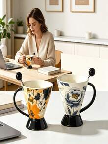 1 Flower Ceramic Coffee Cup, Flower Patterned Conical Ceramic Tea Cup, Black Handle And Base Coffee Drinking Cup, Unique Desktop Decoration, Suitable For Daily Household Use, Office, Friends And Colleagues, Coffee Enthusiasts As A Housewarming Gift - Multicolor - View 5