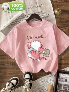 Women's Casual Fat Cat Print Crew Neck Short Sleeve T-Shirt, Everyday After-Work Top For Spring/Autumn/Summer - Pink - View 2
