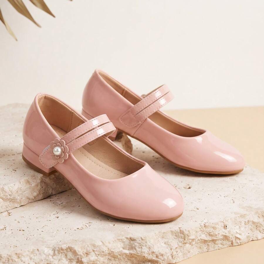 1 Pasang Sepatu Mary Jane Putri Manis Berbahan Kulit Paten dengan Motif Bunga dan Mutiara untuk Anak Perempuan, Nyaman, Ujung Bulat, Tali Ganda, dan Hak Rendah, Cocok untuk Pesta/Pertunjukan - Berwarna merah muda - View 1