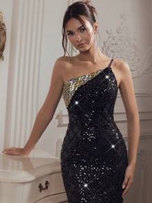FEELAIR New One Shoulder Sleeveless Fitted Backless Heavy Sequin Long Dress, Suitable For Vacation, Party, Women's Formal Banquet, Slit Skirt - Black - View 2