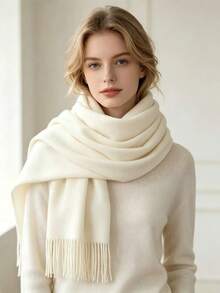 1pc Women's Solid Color Cashmere-Like Scarf, Soft Warm ThickFringed Shawl, Fashionable Versatile Winter Scarf For Daily Wear - Off White - View 3