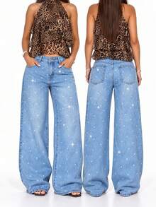 Low Waist Wide Leg Casual Blue Slanted Pocket Curved Women'S Jeans Heat-Transfer Rhinestones - Baby Blue - View 1