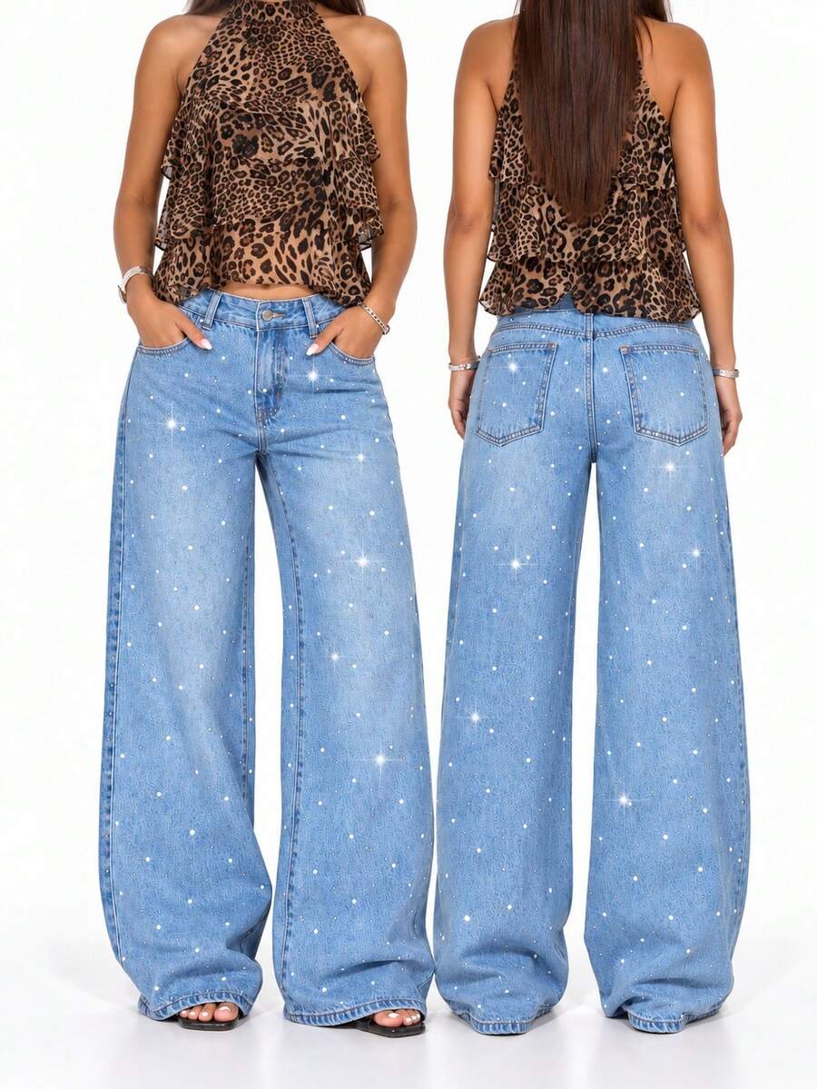 Low Waist Wide Leg Casual Blue Slanted Pocket Curved Women'S Jeans Heat-Transfer Rhinestones - Baby Blue - View 1