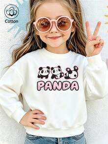 سويت شيرت أطفال أبيض بياقة دائرية PANDA بطبعة كرتونية لثلاثة باندا لطيفة وكلمة "PANDA" باللون الوردي المنفوخ، قميص بأكمام طويلة - أبيض - مشاهدة 10