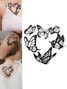 1pc Black INS Style Butterfly & Heart Pattern Temporary Tattoo Sticker, Waterproof Body Skin Tattoo For Party, Holiday, Music Festival, Arm, Shoulder, Neck, Collarbone, Back - Black - View 1