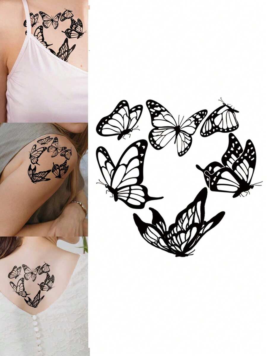 1pc Black INS Style Butterfly & Heart Pattern Temporary Tattoo Sticker, Waterproof Body Skin Tattoo For Party, Holiday, Music Festival, Arm, Shoulder, Neck, Collarbone, Back - Black - View 1