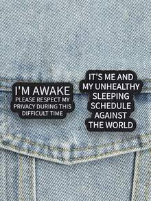 2 Pcs Fun Late Night Quotes Enamel Pins, Simple Text Satire Badges, Fashion Accessories For Clothes Backpacks, Gift For Friends - Black and White - View 4