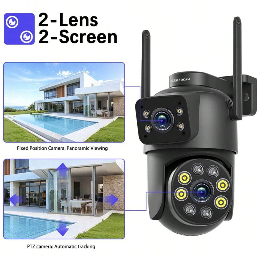 szsinocam Kamera Keamanan PTZ WiFi 2.4GHz Lensa Ganda 1080P, Pelacakan Manusia AI, Penglihatan Malam Berwarna, Audio Dua Arah, Alarm Deteksi Gerakan, Penyimpanan Cloud dan Kartu SD, Kamera Jaringan Pengawasan Rumah IP66 - Hitam - View 1