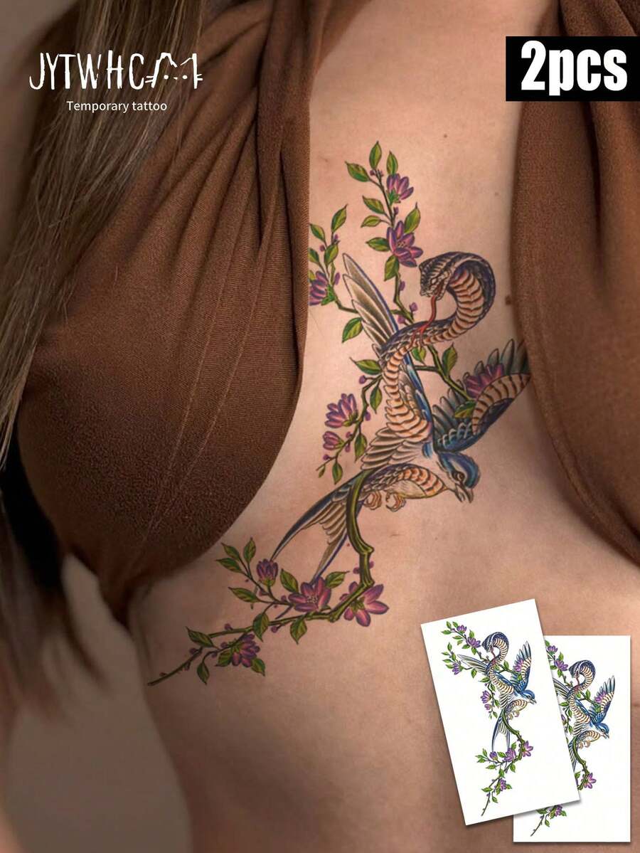 Temporary Tattoo Stickers,2Pcs Waterproof Fake Tattoos,Colorful Cobra & Swallow Bird With Floral Branch Pattern,Body Art Semi Permanent Tattoos For Chest Rib Women Party Decor - Multicolor - View 1