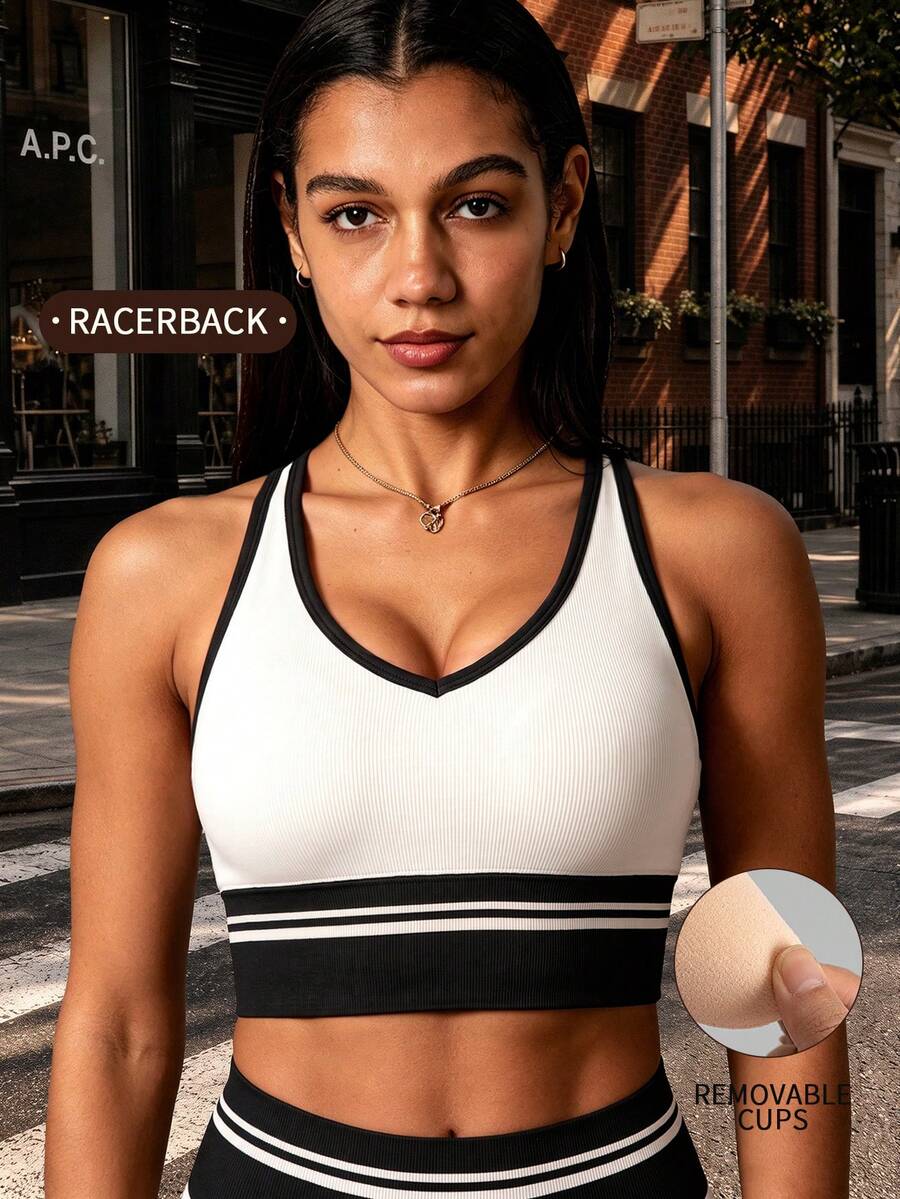 Black & White Contrast Striped Racerback Sports Bra, Stable Support, Suitable For Fitness & Streetwear, Contrast Design With Niche Aesthetic - Black and White - View 1