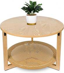 Mesa de Centro Redonda de Madera Natural 70.1x70.1x46 cm |   Mesa deé Circular de Doble Nivel con Tablero Superior de Madera y Estante Inferior de Ratán |   Diseño Moderno y Rústico para Sala de Estar y Recámara |   Fácil de Armar - Albaricoque - Ver 1