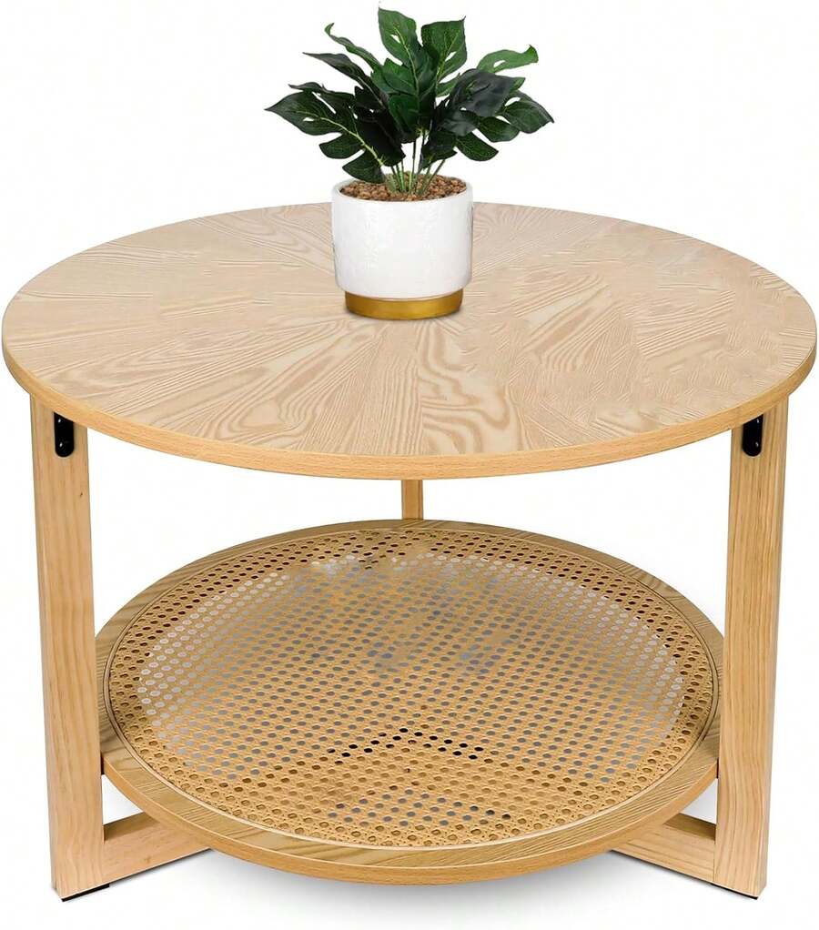 Mesa de Centro Redonda de Madera Natural 70.1x70.1x46 cm | Mesa deé Circular de Doble Nivel con Tablero Superior de Madera y Estante Inferior de Ratán | Diseño Moderno y Rústico para Sala de Estar y Recámara | Fácil de Armar - Albaricoque - Ver 1