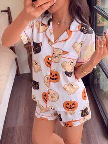 2pcs Women's Pumpkin Soft Cute Ghost Black Cat Vintage Moon Print Short Sleeve Pajama Set, Summer New Lapel Cardigan Top And Shorts Two Pieces Set, Soft Skin-Friendly Breathable Lightweight Home Wear, Can Be Worn Out, Daily Casual Loose Fit, Suitable For All Body Types, Multiple Sizes Available, Sweet Youthful Style, Versatile And Timeless, Must-Have Comfortable Pajama Set For Girls, Balances Fashion And Comfort, Suitable For Various Home Scenes - White - View 6