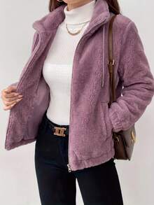 Abrigo casual de mujer morado, peludo, con cremallera completa, cuello alto, manga larga, corte regular, con cordón y bolsillos, prenda de abrigo cálida para otoño e invierno - Morado - Ver 3