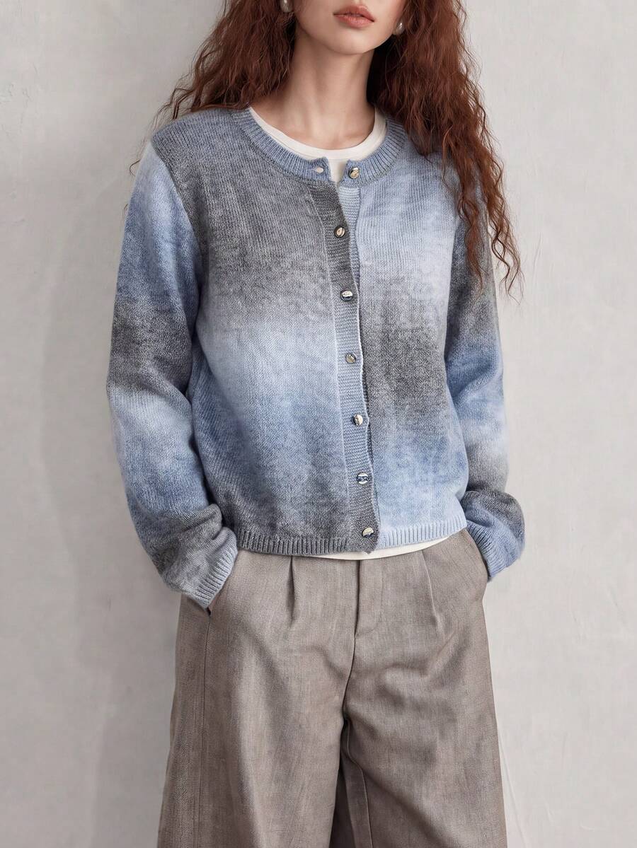 Women's Gradient Knit Cardigan, Button Front, Long Sleeve Round Neck Regular Fit, Soft Warm Winter Top - Blue Tones - View 1