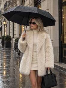 Women's Solid Cream Color Faux Fur Mid-Length Coat - White - View 2