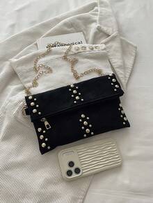 Minimalist Solid Color Handbag, Fashionable Versatile Studded Commuter Bag, Y2 Chain Flap Premium Leather Clutch, Underarm Bag, Handbag. Large Capacity Design, Suitable For Daily Outings And Workplace Outfits. - Black - View 7