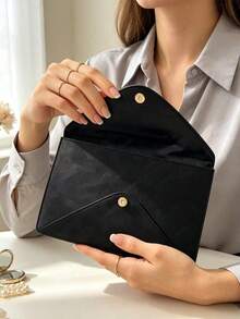 Black Envelope‑Style Suede‑Like Cosmetic Pouch Flip‑Cover Long Slim Clutch Makeup Bag With Round 3D Metal Logo Portable Storage Pouch For Glasses Jewelry Cosmetics Travel Holiday Gift Armani - Black - View 5