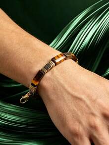 Men's Tiger Eye And Hematite Bracelet – Warm Desert Style – Handmade - Yellow Gold - View 3